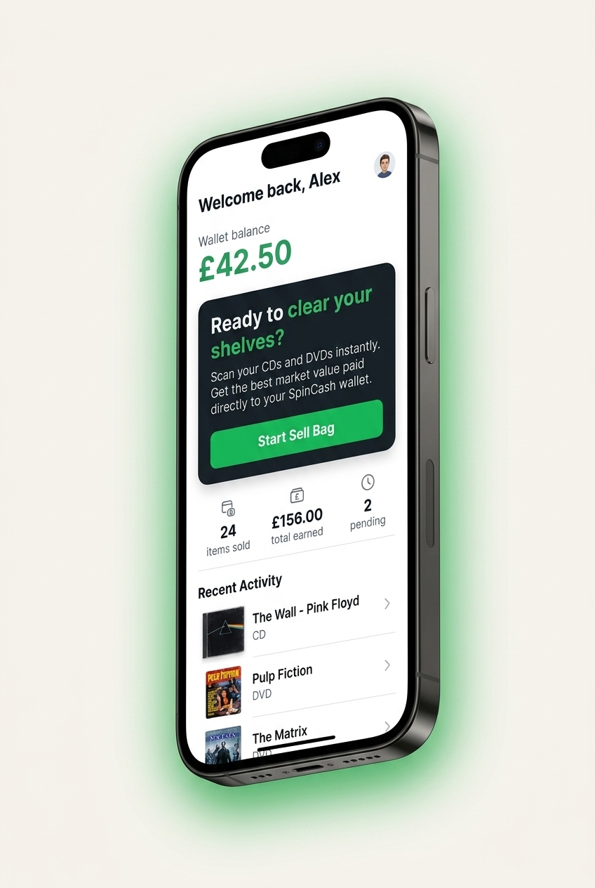 SpinCash app showing wallet balance, sell bag feature and recent activity