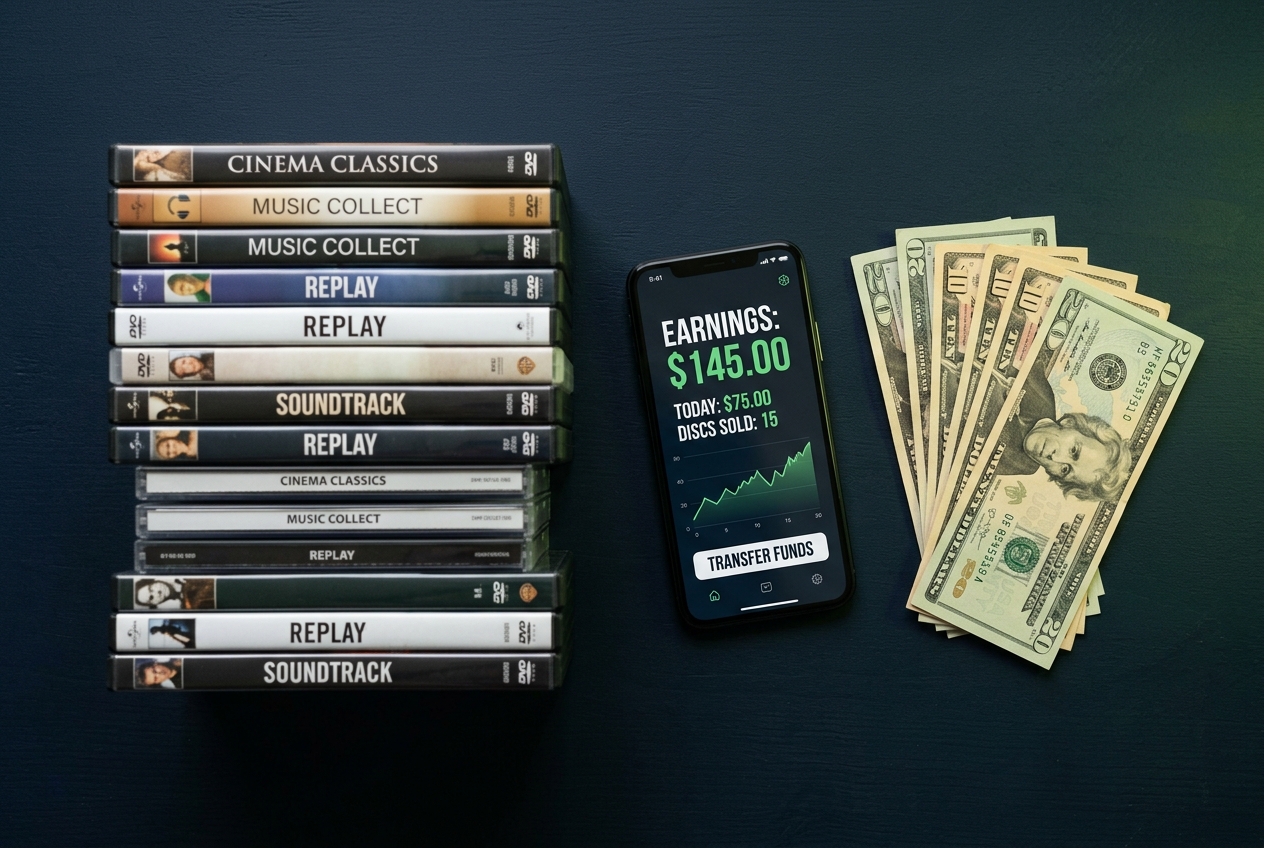 DVDs beside a smartphone showing earnings and cash